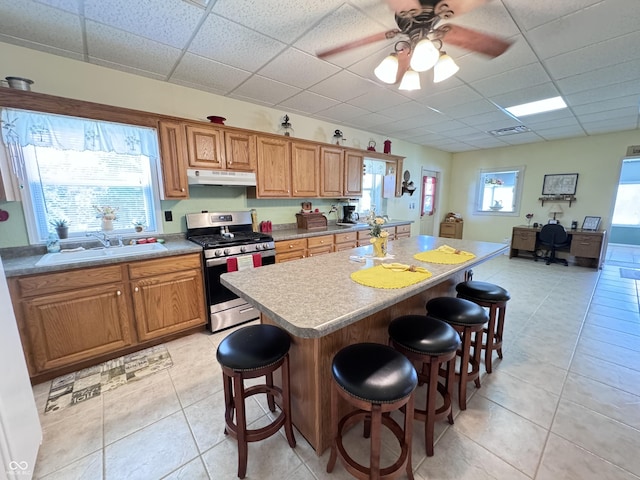 kitchen with sink, a breakfast bar, plenty of natural light, stainless steel range with gas stovetop, and a kitchen island