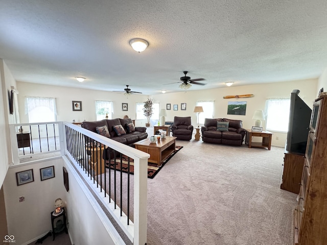 living room featuring carpet floors and a textured ceiling