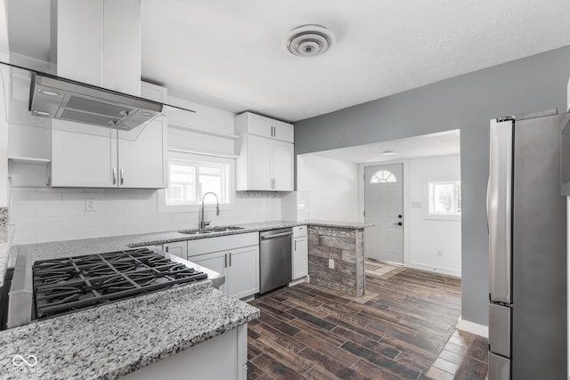 kitchen featuring appliances with stainless steel finishes, white cabinetry, decorative backsplash, and dark wood-type flooring