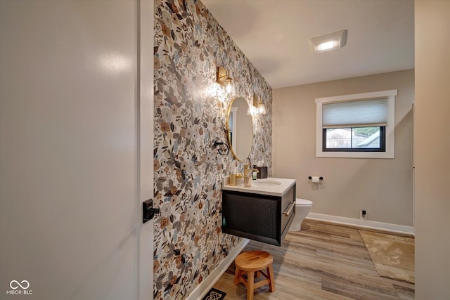 bathroom with vanity, toilet, and wood-type flooring