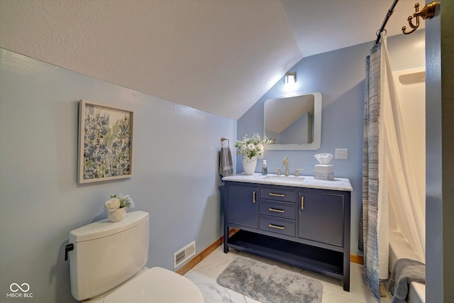 full bathroom with toilet, vanity, vaulted ceiling, and shower / bath combo with shower curtain