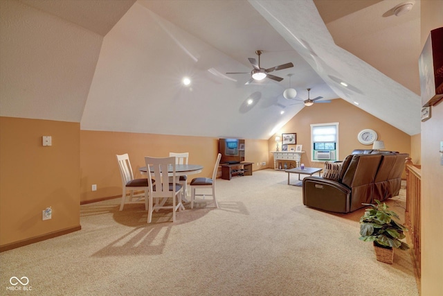 interior space featuring carpet flooring, vaulted ceiling, ceiling fan, and cooling unit