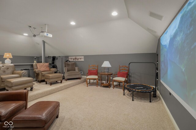 cinema with carpet floors and vaulted ceiling