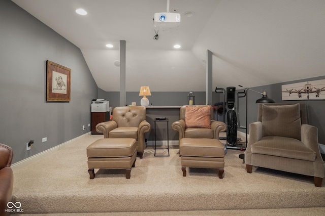 living area with light colored carpet and lofted ceiling