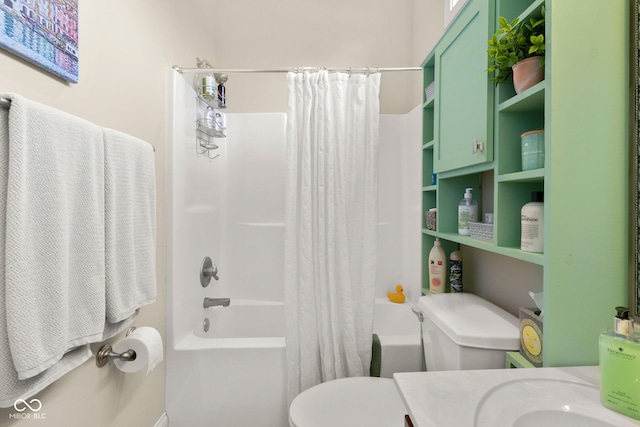 full bathroom with vanity, toilet, and shower / tub combo with curtain