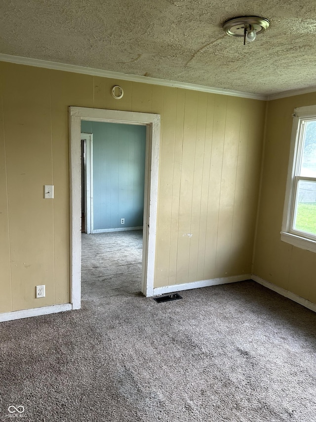 empty room with ornamental molding, carpet floors, and a textured ceiling