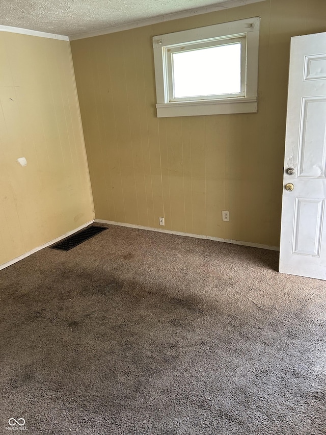 carpeted empty room with crown molding and a textured ceiling