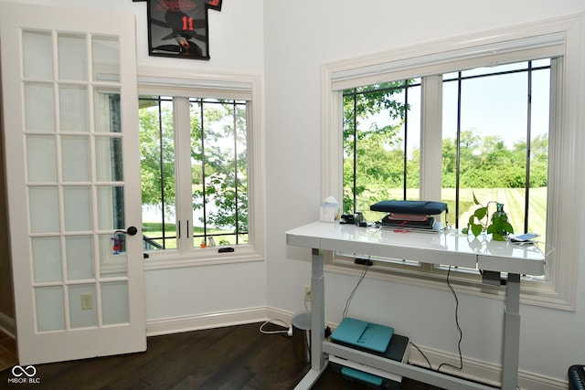 office featuring dark wood-style flooring and baseboards