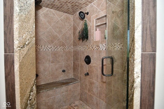 bathroom featuring a shower with shower door