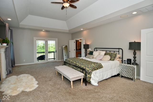 bedroom with visible vents, baseboards, access to outside, carpet floors, and recessed lighting