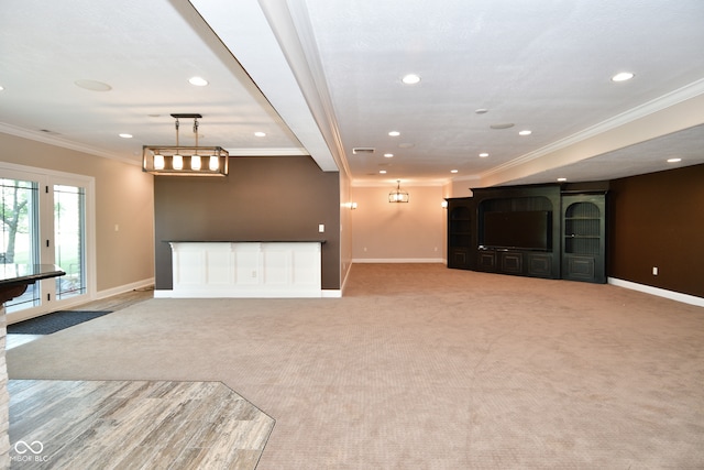 unfurnished living room with beamed ceiling, light carpet, and crown molding