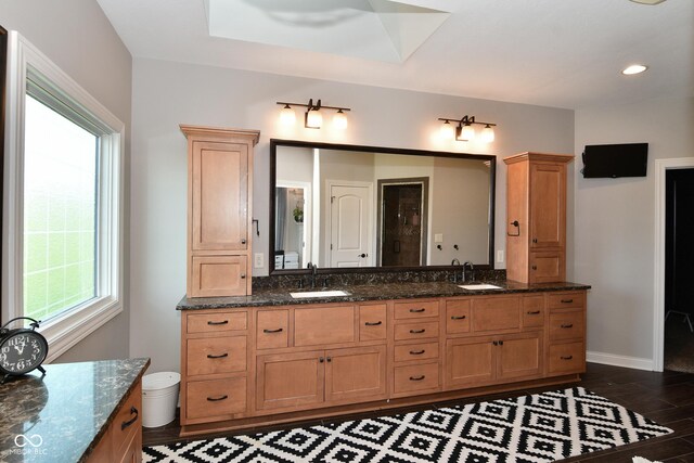 bathroom with wood-type flooring and double sink vanity