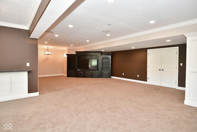 interior space featuring baseboards, ornamental molding, recessed lighting, and light colored carpet