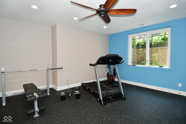 workout room featuring a ceiling fan, recessed lighting, a textured ceiling, and baseboards