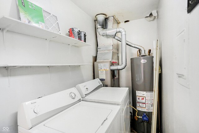 clothes washing area featuring water heater and washer and dryer