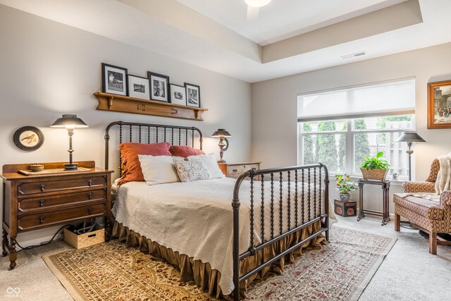 bedroom with a tray ceiling, ceiling fan, and carpet flooring