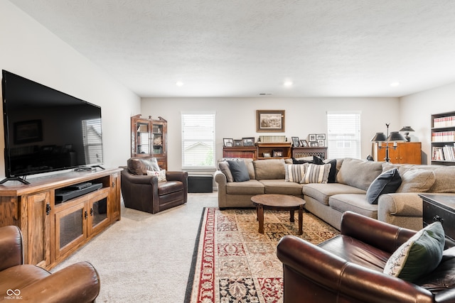 living room featuring carpet and a textured ceiling