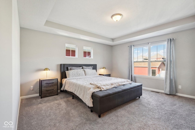 bedroom featuring carpet and a tray ceiling