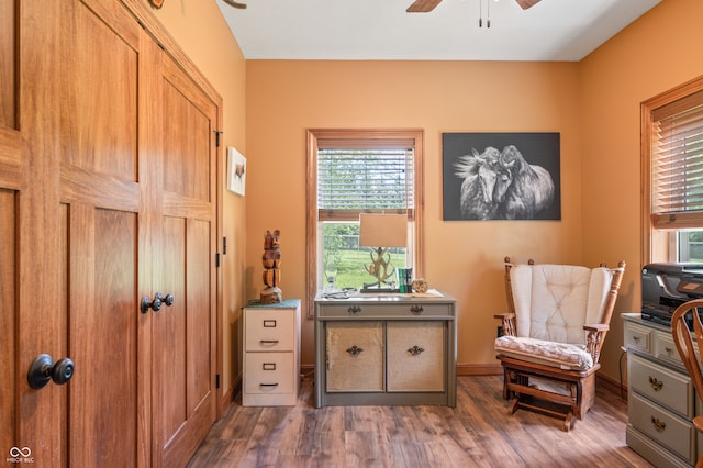 sitting room featuring dark hardwood / wood-style flooring, ceiling fan, and plenty of natural light