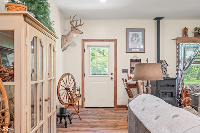 foyer featuring a wood stove and hardwood / wood-style floors