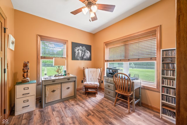 office space featuring hardwood / wood-style floors, a wealth of natural light, and ceiling fan