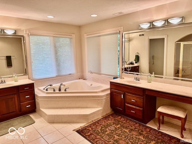 bathroom with vanity, separate shower and tub, and tile patterned floors