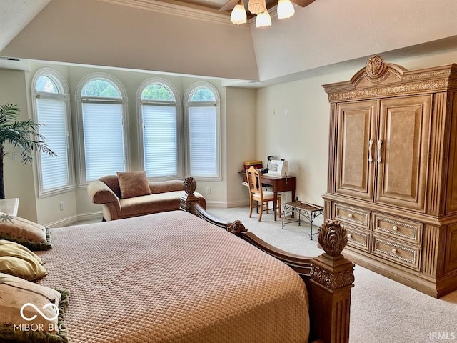 carpeted bedroom with lofted ceiling and ceiling fan