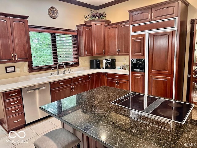 kitchen with sink, dishwasher, paneled built in refrigerator, black electric stovetop, and light tile patterned flooring