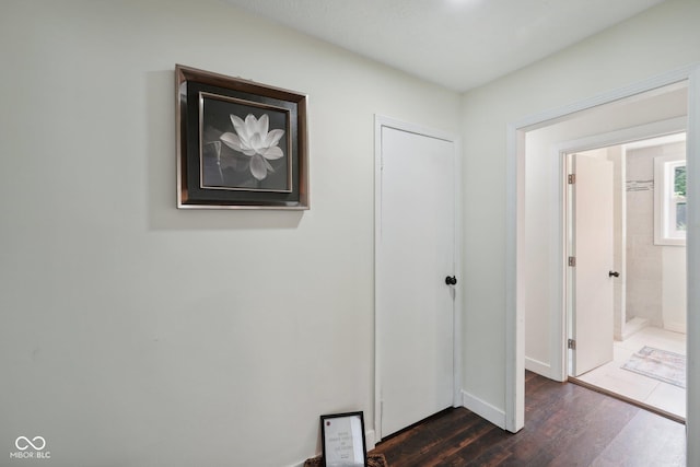 corridor featuring dark wood-type flooring