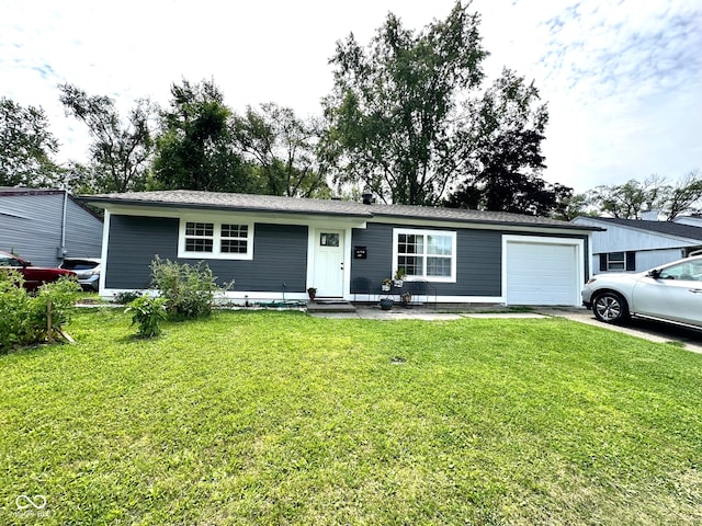 ranch-style house with a garage and a front yard