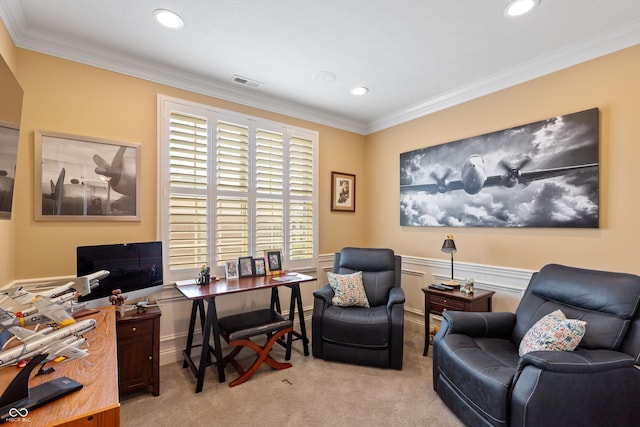 carpeted home office featuring ornamental molding