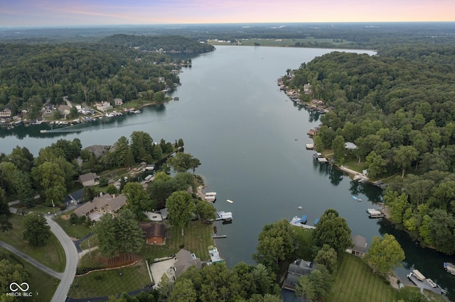 aerial view at dusk featuring a water view