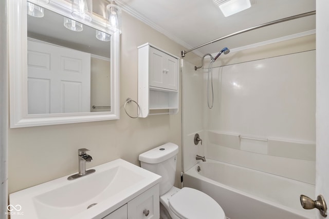 full bathroom featuring ornamental molding, shower / bath combination, toilet, and vanity