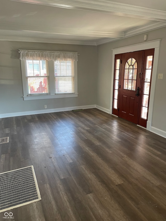 foyer entrance with dark hardwood / wood-style flooring, a wealth of natural light, and ornamental molding