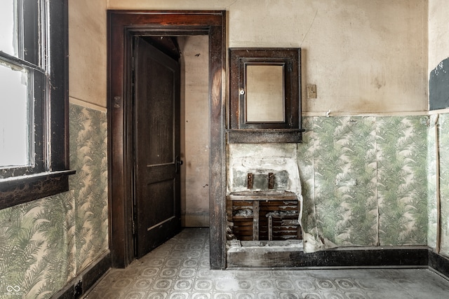 bathroom with vanity and tile patterned flooring