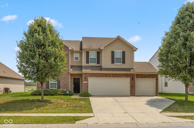 view of front of house with a garage, central AC, and a front lawn