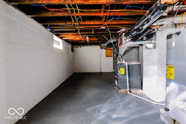 basement with heating unit and water heater