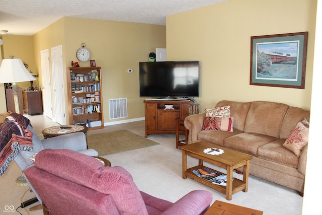 carpeted living room with a textured ceiling