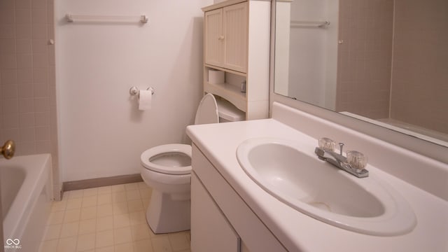 bathroom featuring shower / tub combination, vanity, toilet, and baseboards