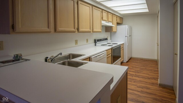 kitchen featuring wood-type flooring, light brown cabinets, white appliances, and sink