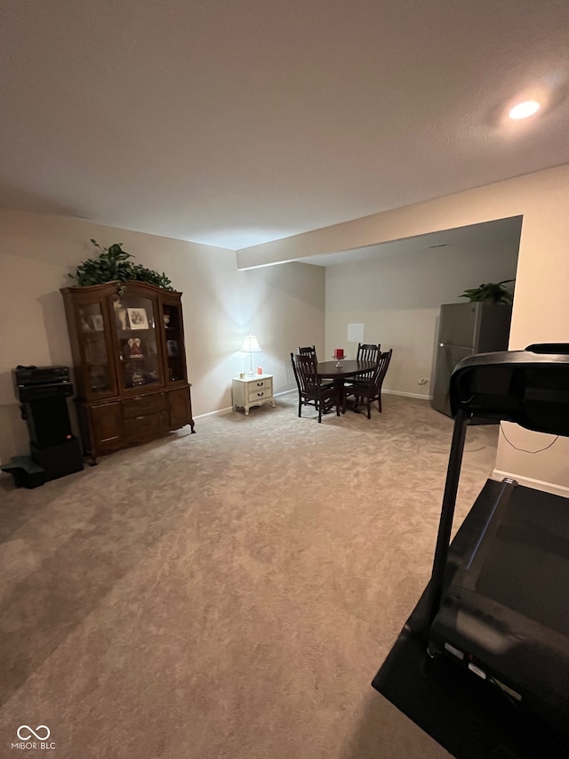 workout area featuring carpet flooring