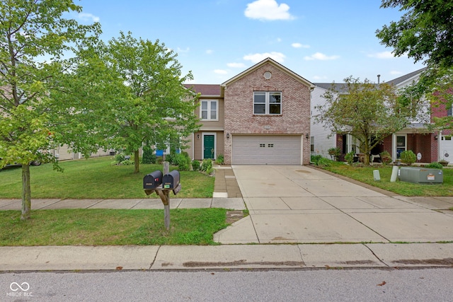 view of front of property featuring a garage and a front lawn