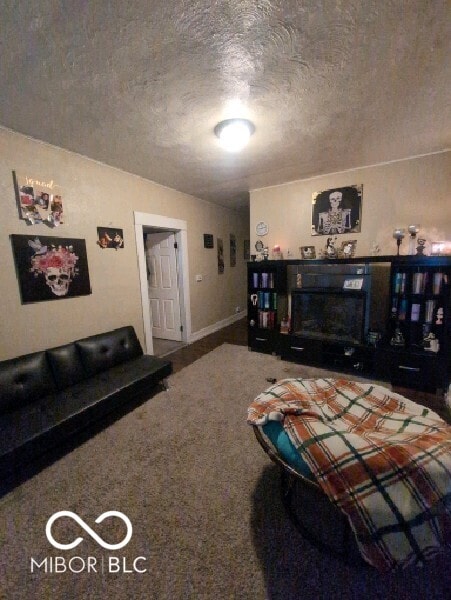 carpeted living room featuring a textured ceiling