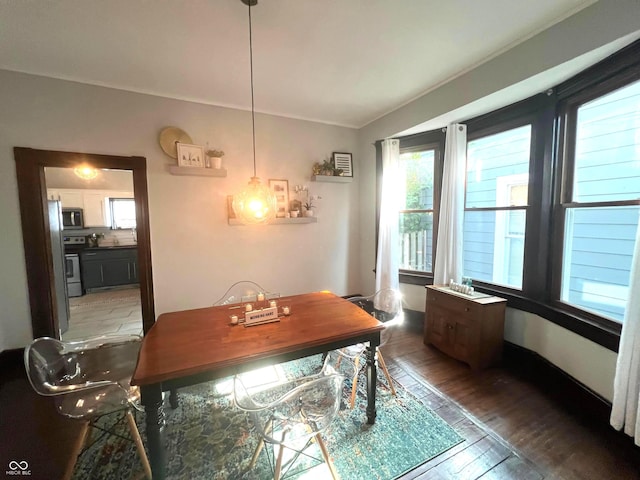 dining space with dark wood-type flooring