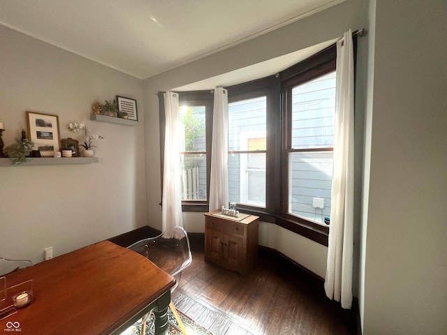 home office with dark hardwood / wood-style floors