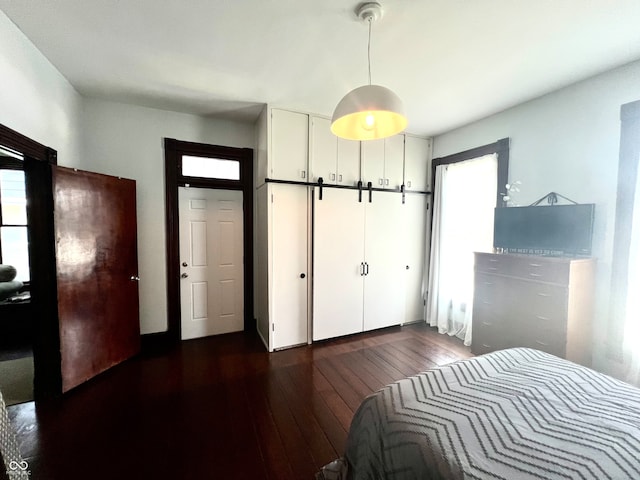 bedroom with dark hardwood / wood-style floors and multiple windows