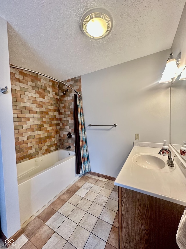 bathroom featuring shower / tub combo with curtain, vanity, a textured ceiling, and tile patterned floors