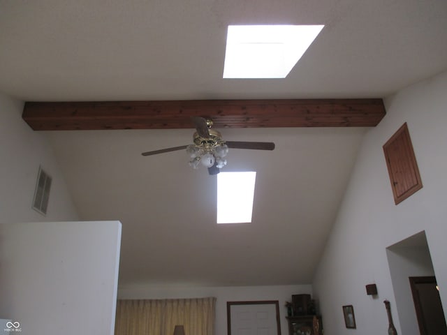 details with beamed ceiling and ceiling fan