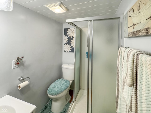 5647 W Mooresville Rd, Indianapolis, IN 46221 - bathroom with vanity, toilet, and an enclosed shower