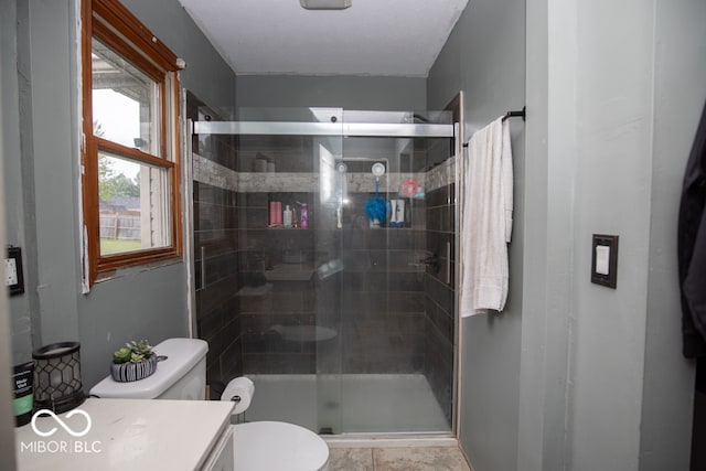 bathroom with vanity, walk in shower, and toilet